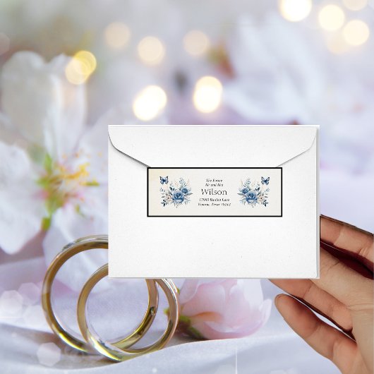 Moderne Blauwe Bloemen en Vlinders Trouwadres Etiket