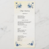 Moderne Blauwe Bloemen en Vlinders Trouwdiner Menu (Voorkant)