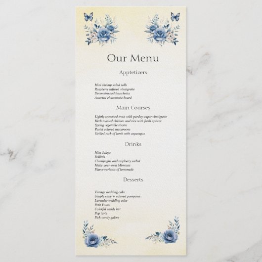 Moderne Blauwe Bloemen en Vlinders Trouwdiner Menu (Voorkant)