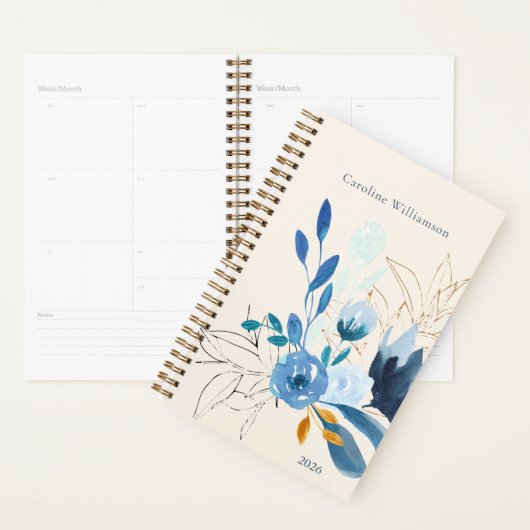 Moderne Blauwe Bloemen Gepersonaliseerd 2025 Niet Planner (Display)