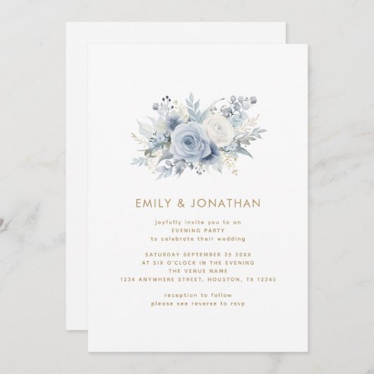 Moderne Blauwe Bloemen Gouden QR Huwelijksavond Fe Kaart (Voorkant / Achterkant)