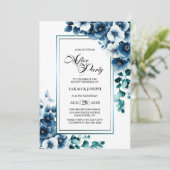 Moderne Blauwe Bloemen Huwelijk Na Feest Kaart (Staand voorkant)