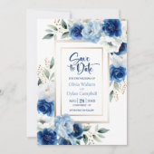 Moderne Blauwe Bloemen Huwelijk Save the Date Kaart (Voorkant)
