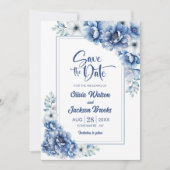 Moderne Blauwe Bloemen Huwelijk Save the Date Kaart (Voorkant)