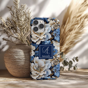 Moderne Blauwe Bloemen iPhone Hoes Elegante Bloemm
