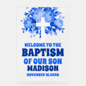 Moderne Blauwe Bloemen Jongen Doop Welkom Frosted Acryl Bord (Voorkant)