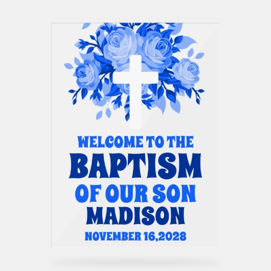 Moderne Blauwe Bloemen Jongen Doop Welkom Frosted Acryl Bord (Voorkant)