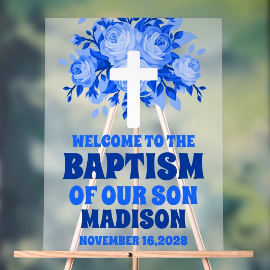 Moderne Blauwe Bloemen Jongen Doop Welkom Frosted Acryl Bord (Neutraal)