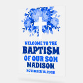 Moderne Blauwe Bloemen Jongen Doop Welkom Frosted Acryl Bord (Hoek)