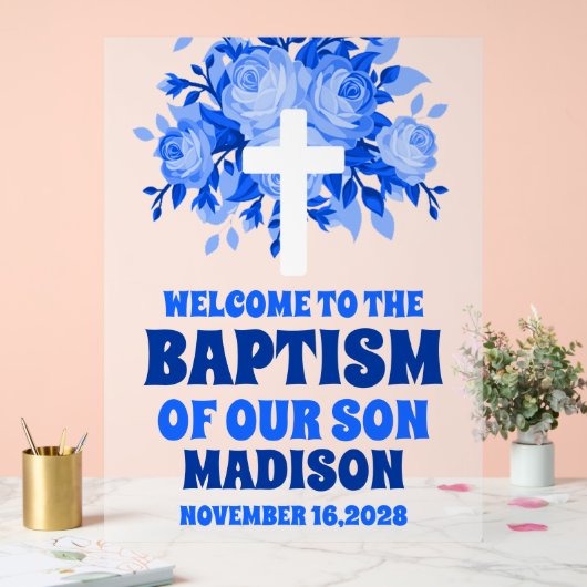 Moderne Blauwe Bloemen Jongen Doop Welkom Frosted Acryl Bord (Huwelijk)