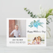 Moderne blauwe bloemen Moederdag bloemenfoto Kaart (Staand voorkant)