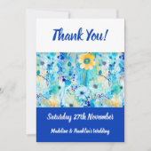 Moderne Blauwe Bloemen Print Huwelijksplezier Bedankkaart (Voorkant)