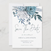 Moderne Blauwe Bloemen QR Code Huwelijk Save The Date (Voorkant)