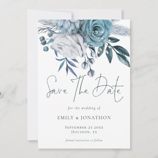 Moderne Blauwe Bloemen QR Code Huwelijk Save The Date (Voorkant)