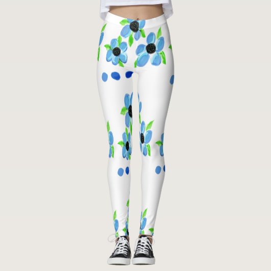 Moderne Blauwe Bloemen Sportkleding Leggings (Voorkant)