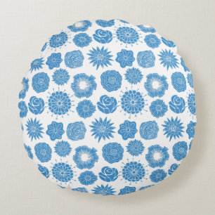 Moderne Blauwe Bloemen Stijlvol Motief Ronde Kusse Rond Kussen