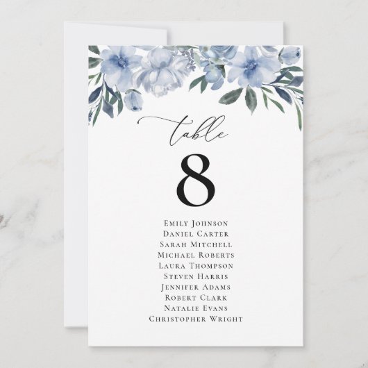 Moderne blauwe bloemen Tafel Nummer Zitting Grafie (Voorkant)