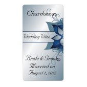 Moderne Blauwe Bloemen Trouwwijn Avery Label (Voorkant)