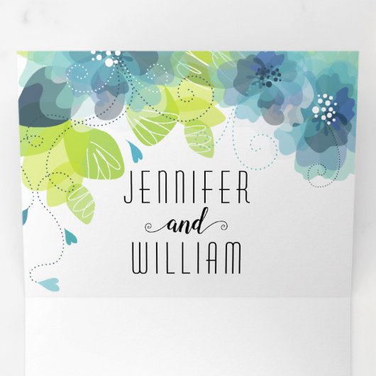 Moderne blauwe bloemen, typografie bloedige bruilo drieluik uitnodiging (Binnenzijde eerst)