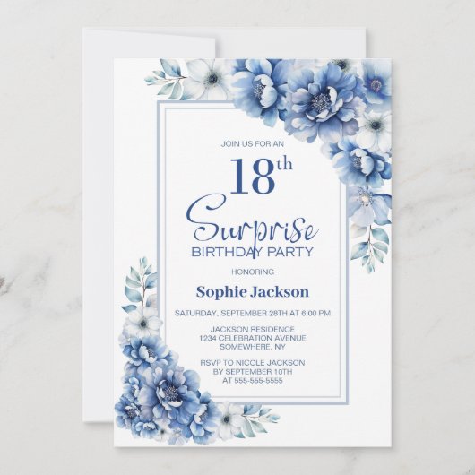 Moderne Blauwe Bloemen Verrassing 18e Verjaardagsf Kaart (Voorkant)