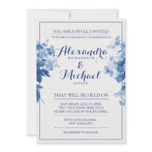 Moderne Blauwe Bloemen Waterverf Bruiloft Kaart