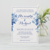 Moderne Blauwe Bloemen Waterverf Bruiloft Kaart (Staand voorkant)