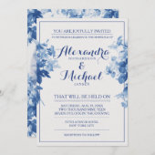 Moderne Blauwe Bloemen Waterverf Bruiloft Kaart (Voorkant / Achterkant)