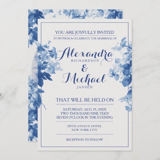 Moderne Blauwe Bloemen Waterverf Bruiloft Kaart (Voorkant / Achterkant)