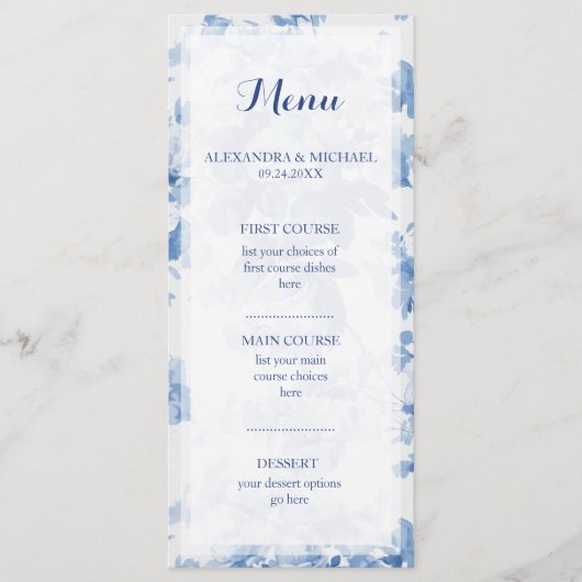 Moderne Blauwe Bloemen Waterverf Bruiloft Menu (Voorkant)