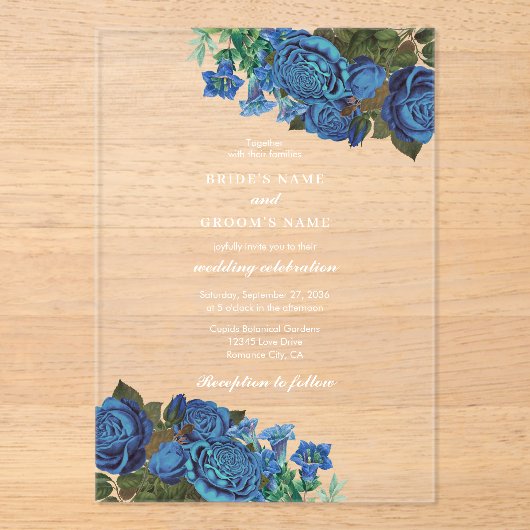 Moderne Blauwe Bloemen Waterverf Elegante Huwelijk Acryl Uitnodigingen (Voorkant)