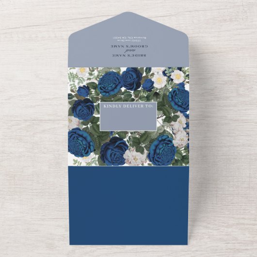 Moderne Blauwe Bloemen Waterverf Elegante Huwelijk All In One Uitnodiging (Buitenkant)