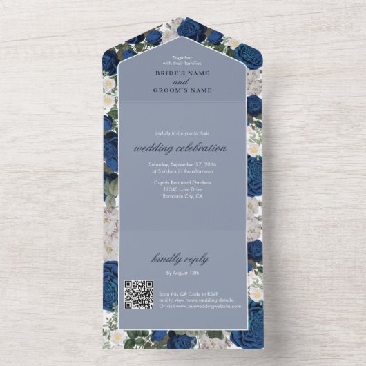 Moderne Blauwe Bloemen Waterverf Elegante Huwelijk All In One Uitnodiging (Binnen)