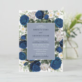 Moderne Blauwe Bloemen Waterverf Elegante Huwelijk Kaart (Staand voorkant)