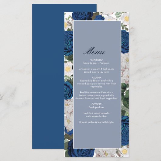 Moderne Blauwe Bloemen Waterverf Elegante Huwelijk Menu (Voorkant / Achterkant)