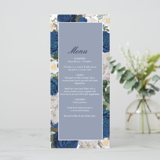 Moderne Blauwe Bloemen Waterverf Elegante Huwelijk Menu (Staand voorkant)