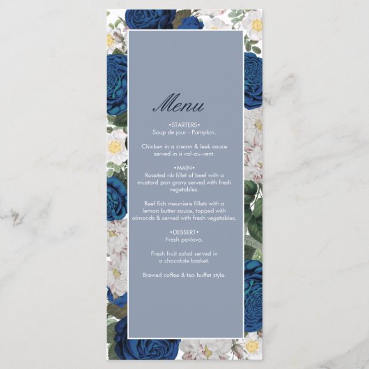 Moderne Blauwe Bloemen Waterverf Elegante Huwelijk Menu (Voorkant)