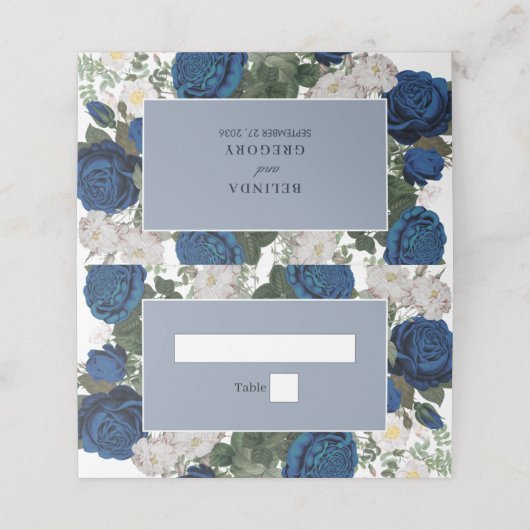 Moderne Blauwe Bloemen Waterverf Elegante Huwelijk Plaatskaartje (Buitenkant ongevouwen)