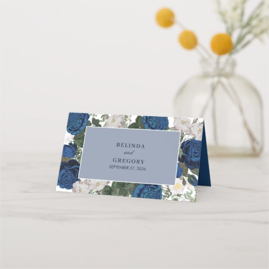 Moderne Blauwe Bloemen Waterverf Elegante Huwelijk Plaatskaartje (Achterkant)