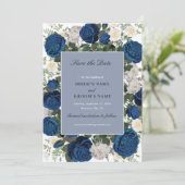 Moderne Blauwe Bloemen Waterverf Elegante Huwelijk Save The Date (Staand voorkant)