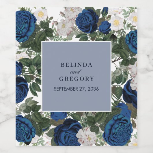 Moderne Blauwe Bloemen Waterverf Elegante Huwelijk Wijn Etiket (Enkel label)