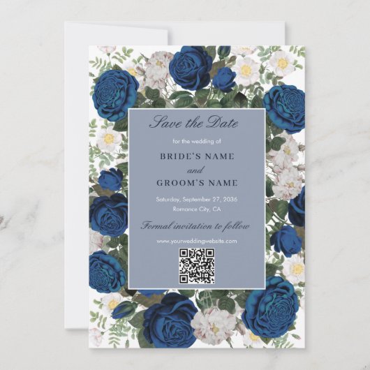 Moderne Blauwe Bloemen Waterverf QR Code Huwelijk Save The Date (Voorkant)