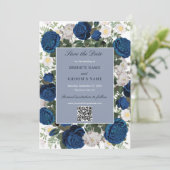 Moderne Blauwe Bloemen Waterverf QR Code Huwelijk Save The Date (Staand voorkant)
