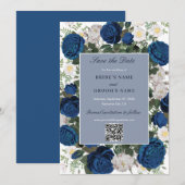 Moderne Blauwe Bloemen Waterverf QR Code Huwelijk Save The Date (Voorkant / Achterkant)