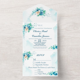 Moderne Blauwe Bloemenbruiloft Uitnodigen & RSVP-k All In One Uitnodiging
