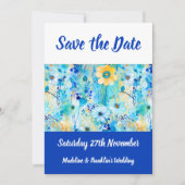 Moderne blauwe bloemenprint trouwkaart 'Save The D Save The Date (Voorkant)