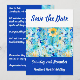 Moderne blauwe bloemenprint trouwkaart 'Save The D Save The Date