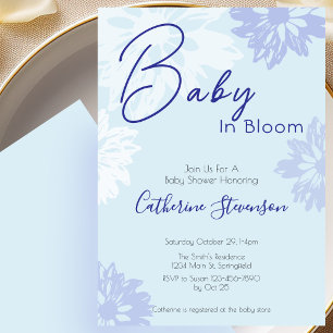Moderne Blauwe Bloemige Baby In Bloom Baby Shower Kaart