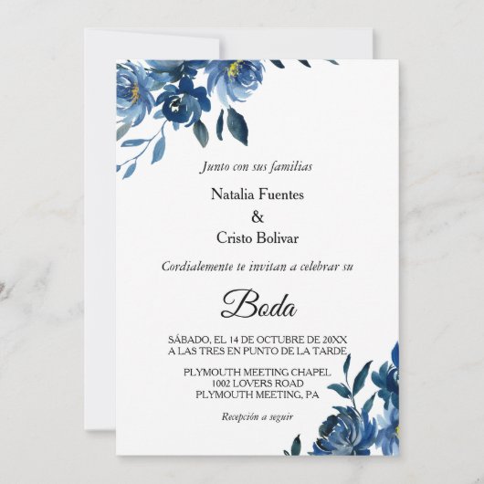 Moderne Blauwe Bloemige Bruiloft Kaart (Voorkant)