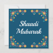Moderne Blauwe Bloemige Shaadi Mubarak Kaart (Voorkant)