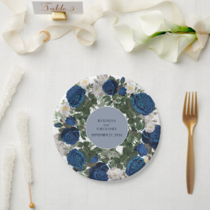 Moderne Blauwe Bloemige Waterverf Elegante Trouw  Papieren Bordje